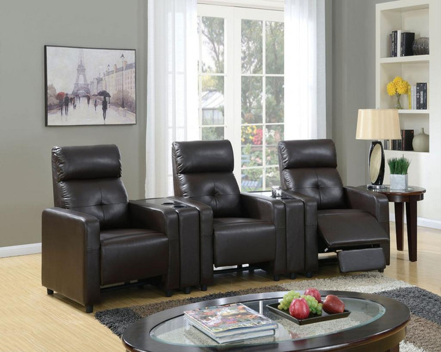H Friday Sale - Britten Home Theater -Espresso Synthetic Leather (Motion Mechanism: 3 Reclining Chairs &amp; 2 Consoles) in Couches & Futons