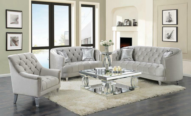 Avonlea Sloped Arm Upholstered or Velvet - 2 Pi Sofa & Loveseat Optional Chair - Comes in Grey in Beds & Mattresses in Alberta