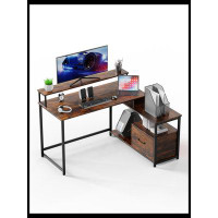 17 Stories Home Office Computer Desk With File Drawer, LED Strip, Power Outlet, L-Shaped Gaming Desk With Monitor Shelf