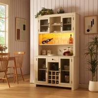 Red Barrel Studio 42"W x 71"H Farmhouse Bar Cabinet with Wine & Wine Glass Racks & LED, Socket