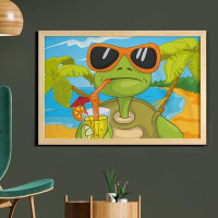 East Urban Home Ambesonne Turtle Wall Art With Frame, Cool Sea Animal Sunglasses Drinking Cocktail At The Beach Cartoon,