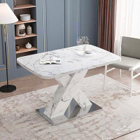 Latitude Run® Modern Square Dining Table,Stretchable,Marble Table Top+MDF X-Shape Table Leg With Metal Base