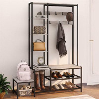 ASA Industrial Style Grey Hall Tree With Coat Rack, Shoe Bench, And Side Shelves - Multifunctional Storage Solution