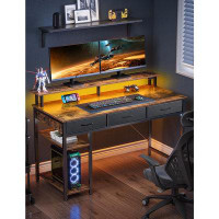Inbox Zero Inbox Zero Computer Desk With Power Outlets & LED Light, 47 Inch Home Office Desk With 3 Drawers And Storage