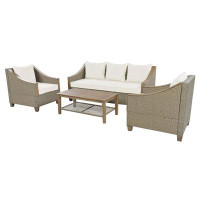 Wildon Home® 4-Piece Rattan Outdoor Conversation Sofa Set With Wooden Coffee Table And Cushions Seating 5 People For Pat