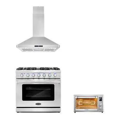 Cosmo 3 Piece Kitchen Package With 36" Freestanding Gas Range 36" Island Range Hood & 20" Electric Air Fryer Toaster Ove