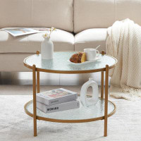 CG INTERNATIONAL TRADING 25.6" Small Matte Gold Round Coffee Table Water-Wave Glass Circle Clear Coffee Table, Center Ta