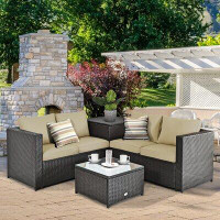 Latitude Run® 4 Pcs Outdoor Patio Rattan Furniture Set With Cushioned Loveseat And Storage Box-Brown