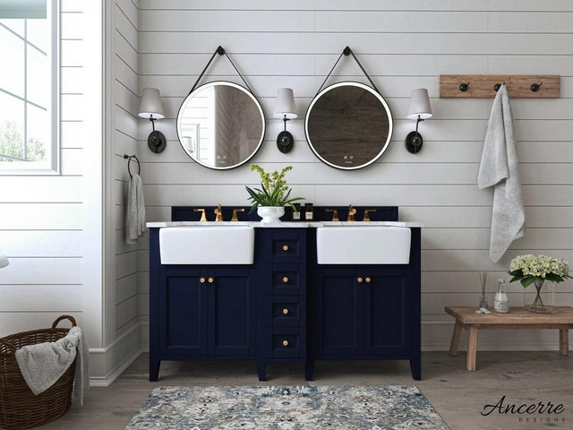 60 Inch Adeline Bathroom Vanity W Double Farmhouse Sink & Carrara White Marble Top Cabinet Set Available 3 Finishes ANC in Cabinets & Countertops - Image 2