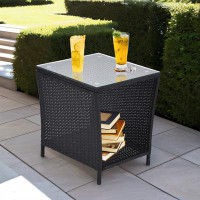 Ebern Designs All-Weather PE Wicker Outdoor Side Table with Storage Shelf