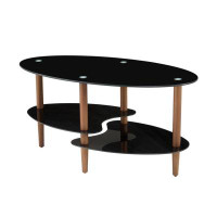 Rosefray Black Oval Glass Coffee Table: Modern 3-layer Tempered Glass With Oak Wood Legs For Living Room