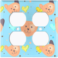 WorldAcc Metal Light Switch Plate Outlet Cover (Teddy Bears Yellow Hearts Light Blue - Double Duplex)