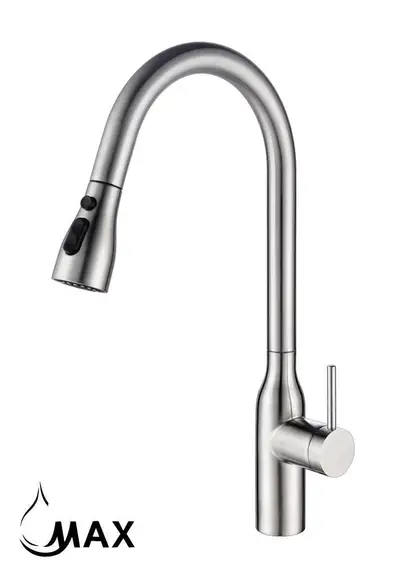 Pullout Kitchen Faucet 19 Three Function With Pause Button In Brushed Nickel Finish