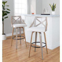 LumiSource Charlotte 30" Farmhouse Fixed-Height Barstool With Swivel In Light Grey Wood And Cream Noise Fabric With Roun