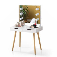 George Oliver Wooden Vanity Table Makeup Dressing Desk With LED Light,Dressing Table With USB Port,White