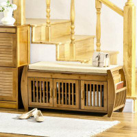 Millwood Pines Shoe Bench With Storage Cabinets, Bamboo Entryway Bench With Seating Cushion, 3 Doors, Side Rack And Hidd