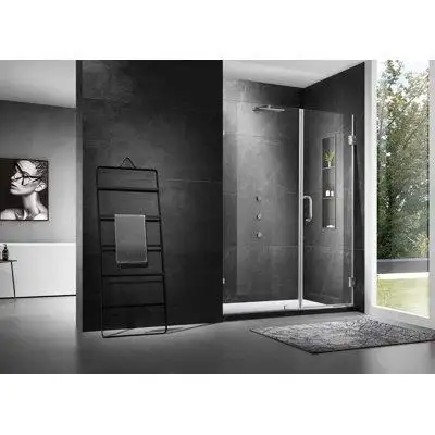 Features: Genius frameless shower door panel in premium hardware finish low iron tempered glass incl...