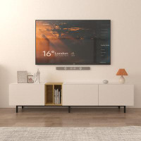 Ebern Designs TV Console With Big Storage Cabinets, Modern TV Stand With Yellow And Ivory Contrasting Colours, Wireless