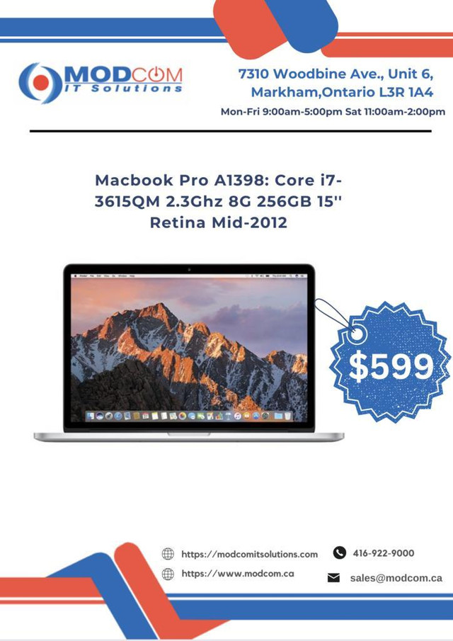 Apple Macbook Pro 15 Retina Mid-2012 Laptop OFF LEASE FOR SALE! Intel Core i7-3615QM 2.3Ghz 8GB 256GB in Laptops