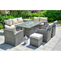 Winston Porter Polite Gas Fire Pit Dining Table With Corner Sofa Set,  2 Back Folding Chairs 2 Ottomans