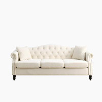 Alcott Hill Chesterfield Sofa Teddy white for Living Room, 3 Seater Sofa Tufted Couch