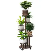 Arlmont & Co. 5 Tier Plant Stand For Outdoor Indoor Tall Bamboo Movable Flower Stand With Wheels Plant Shelf Pot Holder