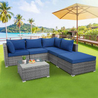 Ebern Designs Ebern Designs 6pcs Patio Wicker Furniture Set Cushioned Sectional Sofa Coffee Table Navy Deck
