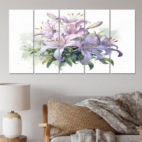 Design Art Purple Green Lily Symphony I - Floral Canvas Wall Art - 5 Equal Panels