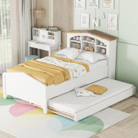 Bluesofa Wood Platform Bed with House-shaped Storage Headboard and Trundle