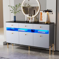 Mercer41 Dresser with LED Lights and Marble Top Panel,Storage Cabinet with 3 Drawers and 6 Shleves