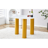 Everly Quinn Elegant Round White Dining Table F-x03: Artificial Marble Glass Sticker Top, Golden Mdf Legs, Perfect For K