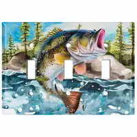 WorldAcc Metal Light Switch Plate Outlet Cover (Fishing Sea Bass River Man Cave - Triple Toggle)