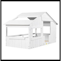 Harper Orchard Wood Twin Size House Bed with Roof, Window and Guardrail, White