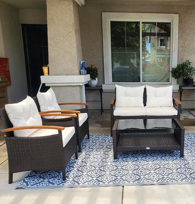 4 Piece Patio Rattan Conversation Set with Wood Curved Armrests in Patio & Garden Furniture