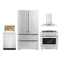Cosmo 5 Piece Kitchen Package with 36" Freestanding Dual Fuel Range  36" Wall Mount Range Hood 24" Built-in Fully Integr