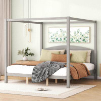 Harriet Bee King Size Canopy Platform Bed With Headboard And Support Legs, Brown Wash