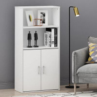 Ebern Designs Storage Cabinet With 2 Open Shelves And 2 Doors, Black Oak