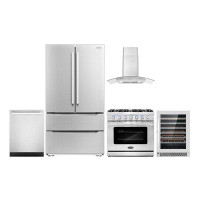 Cosmo 5 Piece Kitchen Package With 36" Freestanding Gas Range  36" Wall Mount 24" Built-in Fully Integrated Dishwasher E