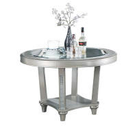 House of Hampton Neil 48 Inch Modern Round Glass Top Dining Table, Crystal Accents, Silver