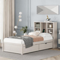 Red Barrel Studio Modern Twin Size Bed Frame With Built-In USB Port On Bookcase Headboard And 2 Drawers For Walnut Colou