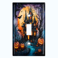 WorldAcc Metal Light Switch Plate Outlet Cover (Halloween Spooky Pumpkin Manor - Single Toggle)