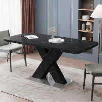 Ivy Bronx Modern Square Dining Table, Stretchable, White Marble Table Top+MDF Black X-Shape Table Leg With Metal Base