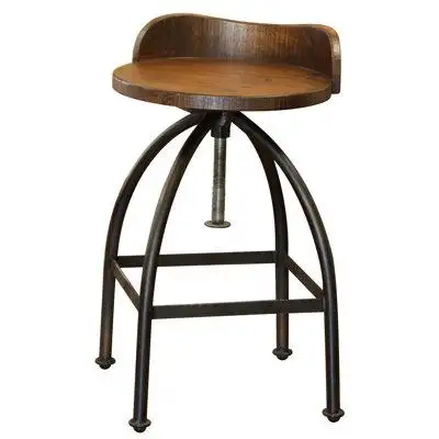 International Furniture Direct Pueblo 24-30" Adjustable Height Swivel Barstool, Wooden Seat, Iron Base