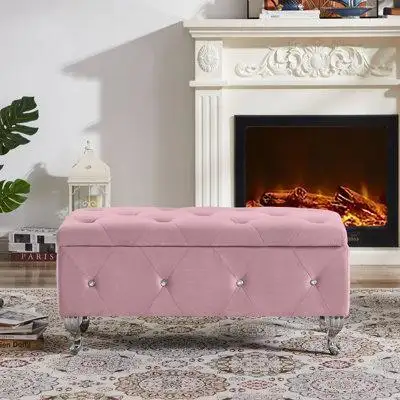 House of Hampton Velvet Storage Bench with Button ,metal leg and Safety Hinge