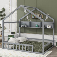 Latitude Run® Wooden Full Size House Bed With Storage Shelf,Kids Bed With Fence And Roof