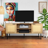 Bay Isle Home™ Wooden TV Stand For Tvs Up To 65 Inches,With 2  Rattan Decorated Doors  And 2 Open Shelves,Living Room TV