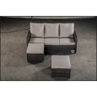 Ebern Designs PE WICKER SECTIONAL SOFA 3S with 2 stool and blue cushion
