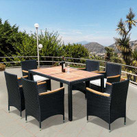 Wildon Home® 7 piece Outdoor Patio Wicker Dining Set Patio Wicker Furniture Dining Set w/Acacia Wood Top