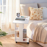 Alcott Hill Alcott Hill C-Shaped End Table With Charging Station, Foldable Narrow Side Table With Storage, Narrow Nights