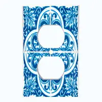 WorldAcc Metal Light Switch Plate Outlet Cover (Blue Damask Tile Leaves White  - Single Duplex)